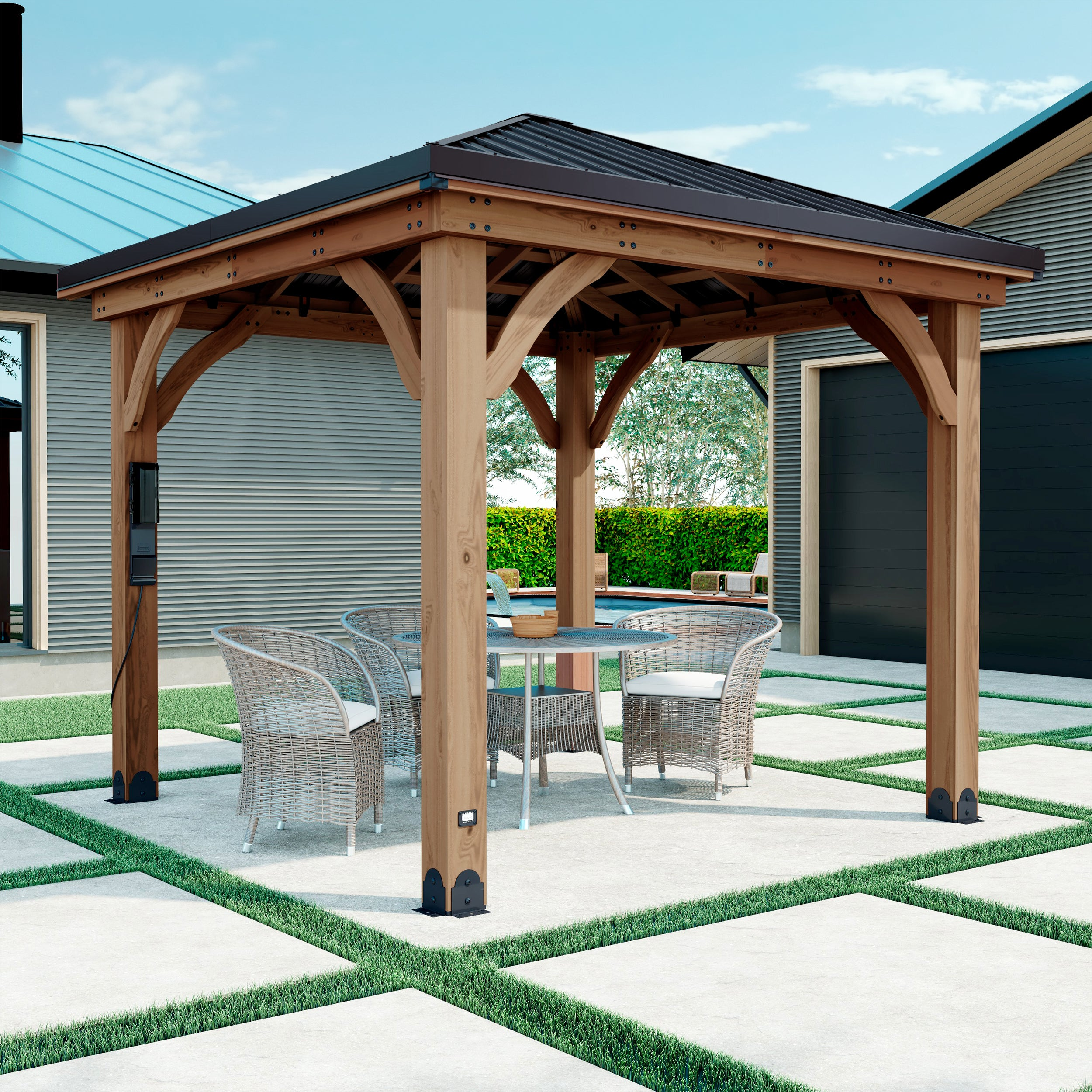 【ディスカウント！】　夏に映えます！GAZEBO（バリ風リゾート） 12 x 12 Gazebo | Meridian Wood Gazebo | Yardistry